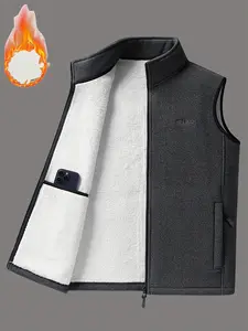 Men's fleece-lined warm vest with stand collar, sleeveless outdoor jacket, suitable for hiking, fishing, camping, and casual wear