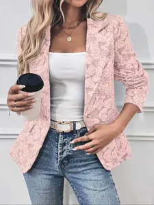 Elegant Women's Textured Floral Woven Blazer Jacket, Long Sleeve Single Button Collar, Casual Slim-Fitting Spring & Fall Outerwear