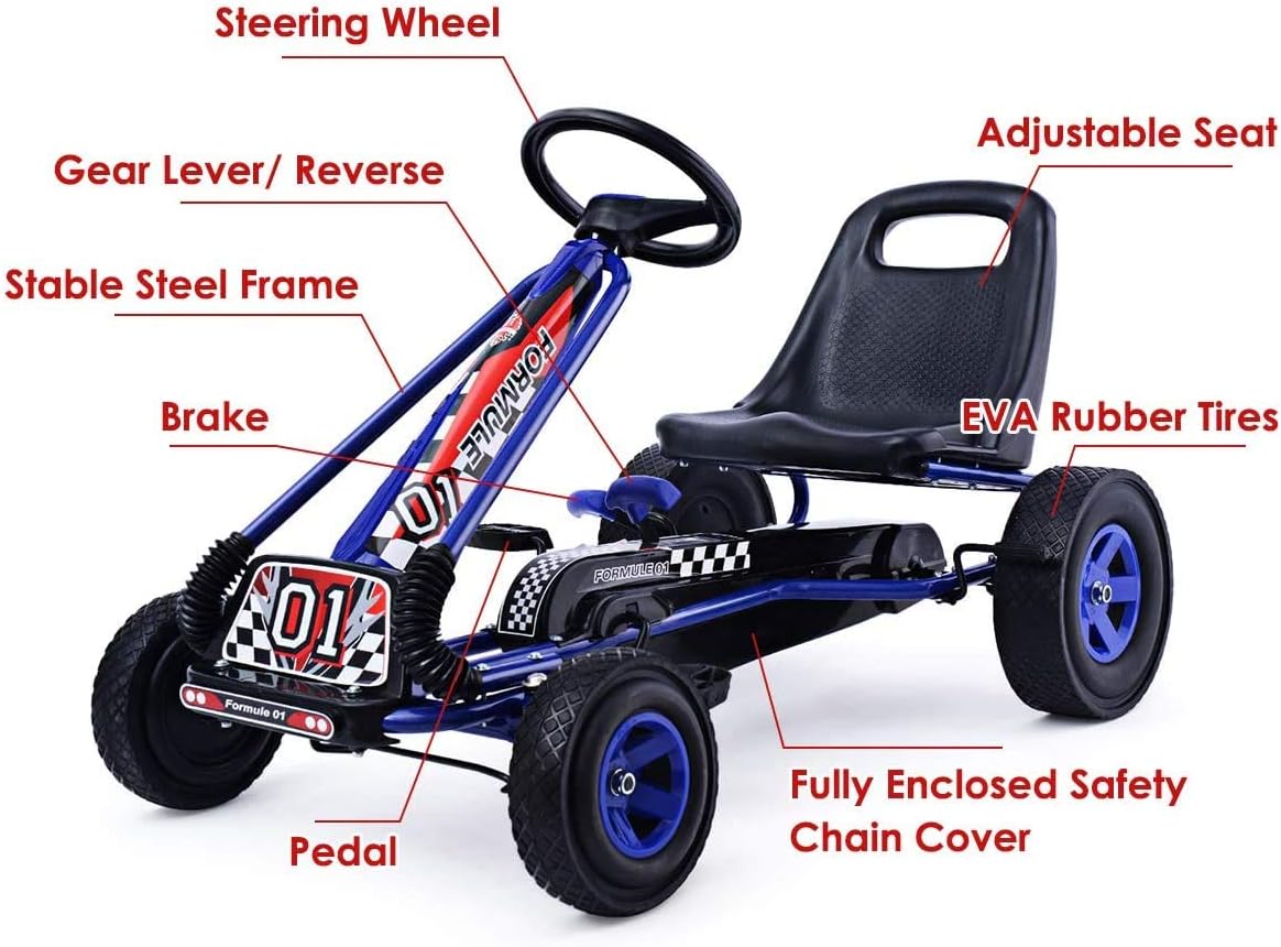 [Costway]- Go Kart for Kids, 4 Wheel Off-Road Pedal Go Cart w/Adjustable Seat, Steering Wheel, 2 Safety Brakes, EVA Rubber Tires-Springtok