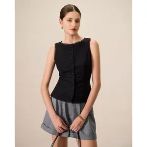 Women's Black Boat Neck Cotton Linen VestGift