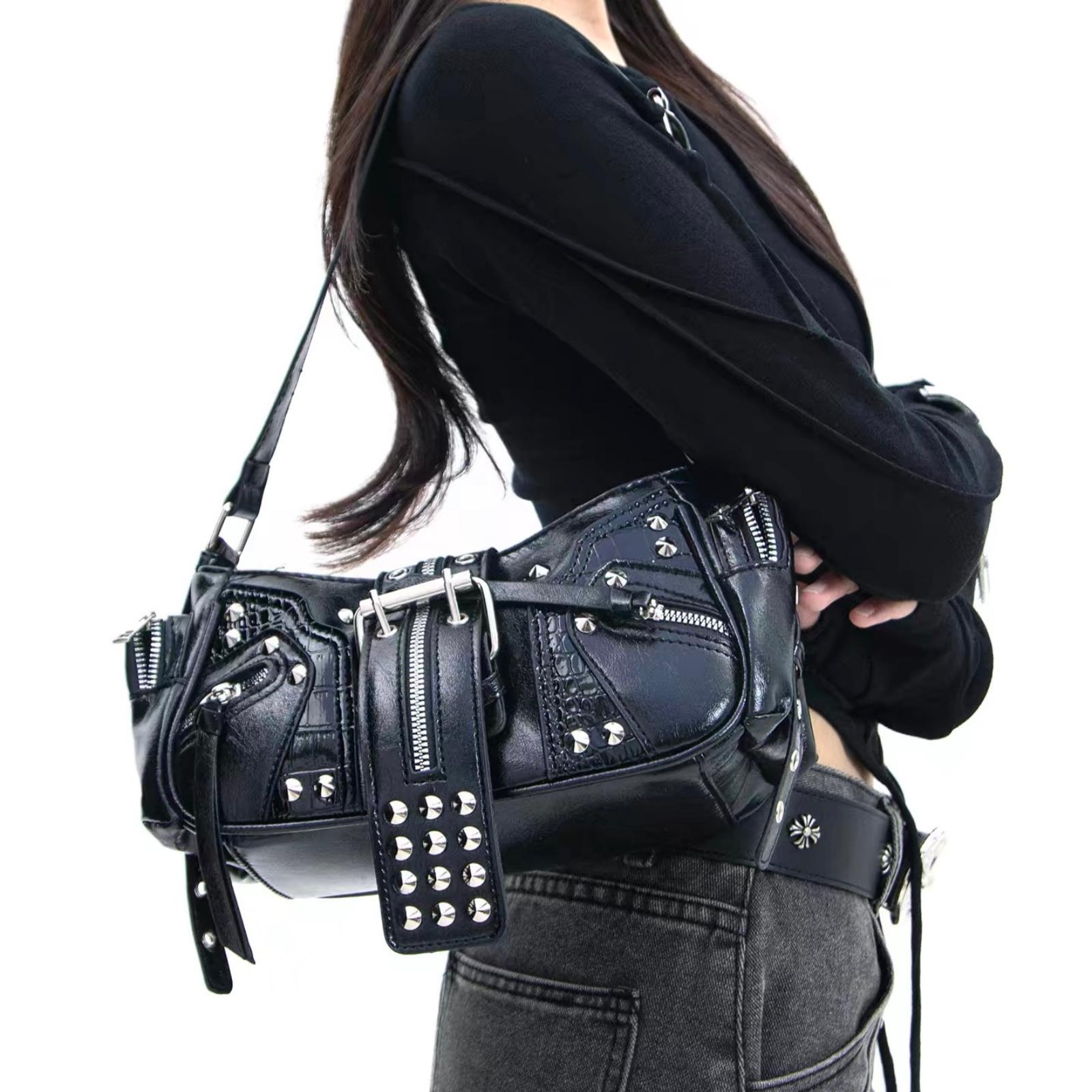 Unisex Punk Rock Motorcycle Shoulder Bag, Y2K Oilcloth Leather Crossbody Underarm Handbag With Adjustable Strap, Suitable For Shopping, Traveling, Commuting