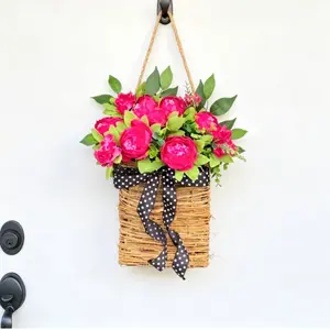 Bright Peony Door Basket Wreath, Farmhouse Style Woven Hanging Basket with Polka Dot Bow, Spring Summer Front Door Decoration