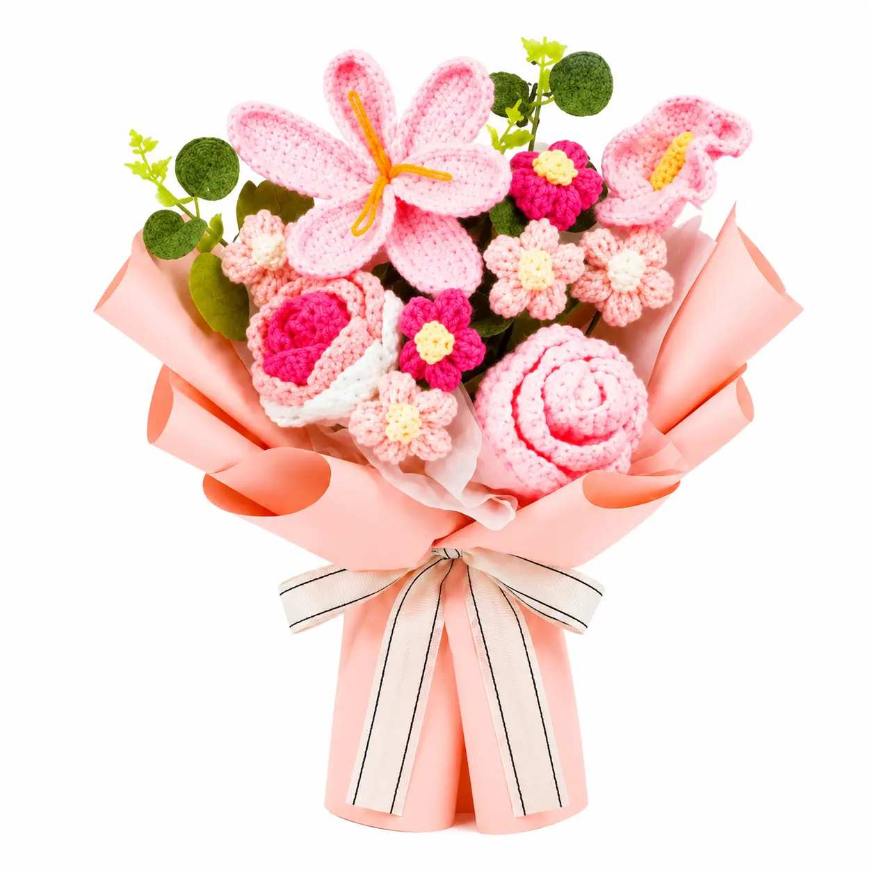 1 Bunch Handmade Knitted Crochet Flower Bouquet Decor, Faux Artificial Flowers, Decorative Faux Flower, Graduation & Teacher's Day Gifts, Room Decor & Gift for Her, Ideal for Weddings, Birthday, Mother's Day, Everlasting Blossom Knitted Simulat