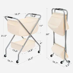Collapsible Laundry Cart with Wheels 31.5"H Rolling Laundry Hamper Clothes Basket with Wheels, Canvas Liner Sturdy Steel Frame Folding for Small Narrow Space Easy Storage, Beige