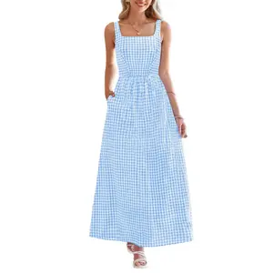 Chouyatou Women's Summer Strappy Plaid Dress Ruched Backless Square Neck High Waist A-line Loose Flowy Long Beach Dress with Pockets
