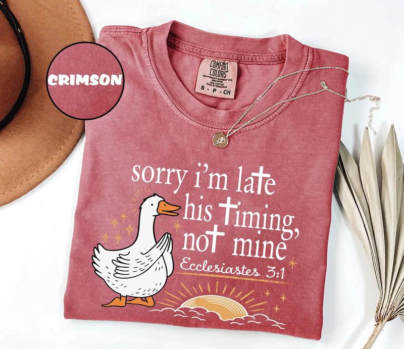 Comfort Colors Christian Shirt, Sorry I'm Late His Timing Not Mine, Bible Verse Ecclesiastes 3:1 Tee, Faith Based Religious Gift for Women