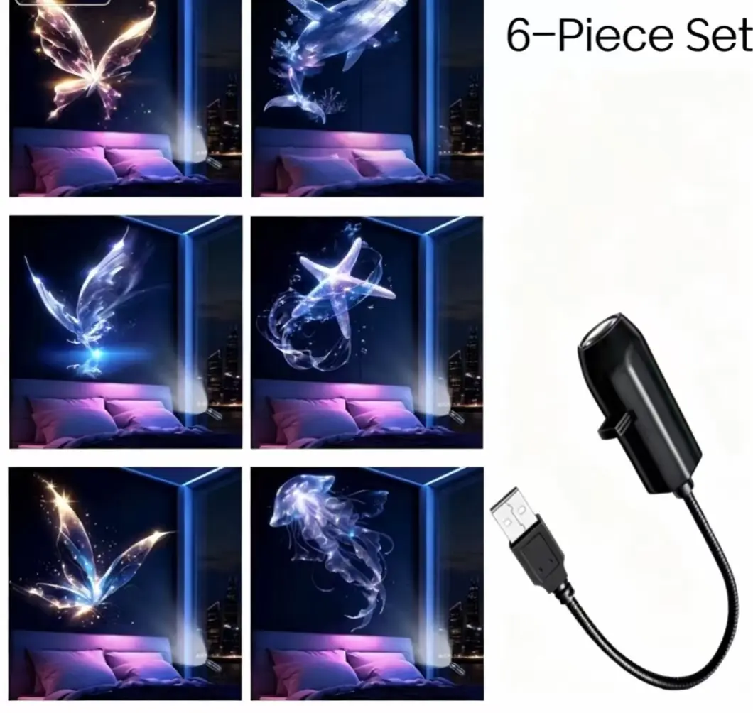 USB projection lamp starry sky ambient light, plug-and-play, ocean butterfly themed 6-piece set, small night light for bedroom, background lighting, magical creative illumination, portable compact device