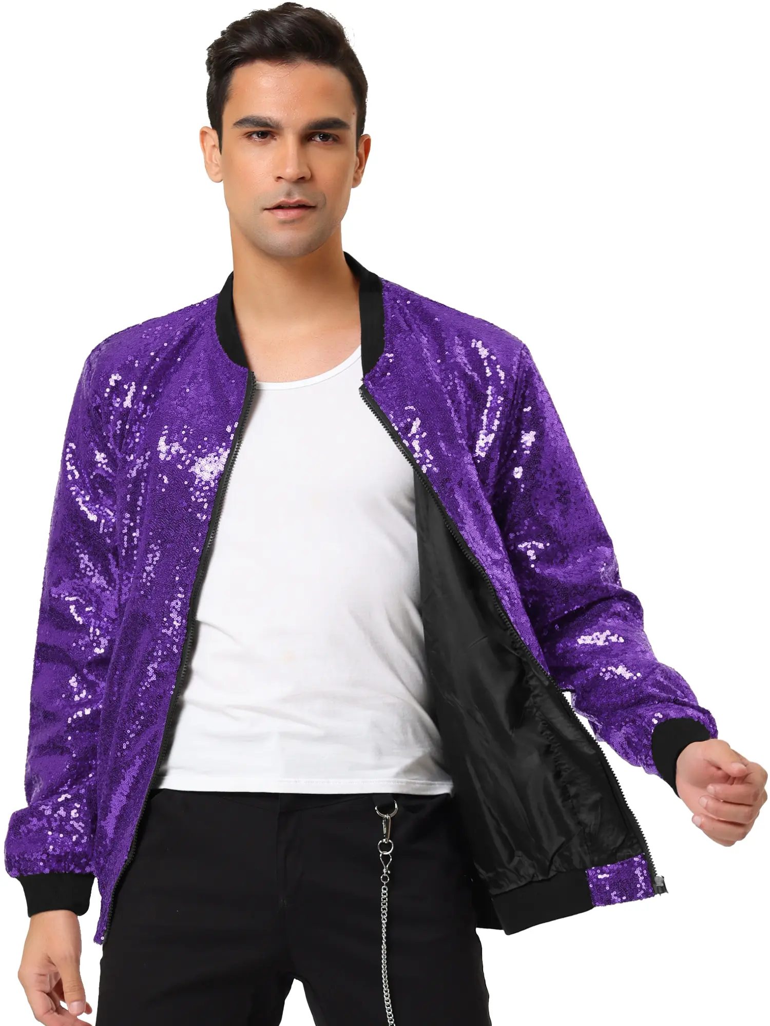 INSPIRE CHIC Men's Varsity Jacket Party Disco Shiny Sparkly Glitter Sequins Bomber Jacket