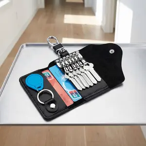 Large Capacity Multi-Functional Key Holder, Leather Key Wallet with Card Clip, Ideal for Business Professionals and Minimalists