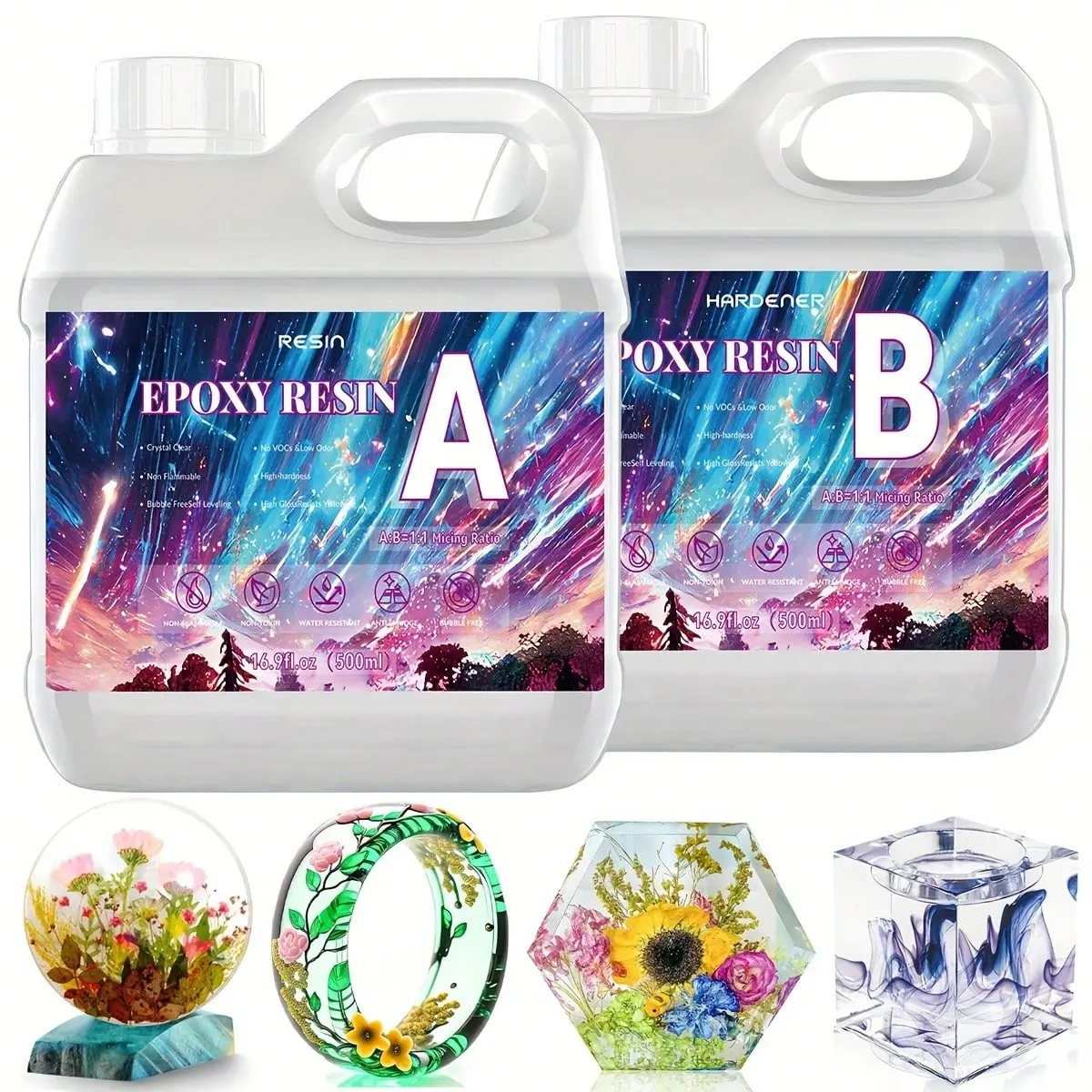 500ML Crystal Transparent Epoxy Resin Set, High Gloss, Bubble Free, Fast Curing, Low Odor, Suitable For River Tabletops, Jewelry Making, DIY Art Crafts, Birthday Gifts, Holiday Gifts