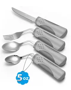 BaseSmall Adaptive Utensils (4-Piece Set) Weighted 5 oz - 42° Angled Utensils for Parkinson's Patients, Hand Tremors, Arthritis & Elderly - Eating Utensils for Elderly (Grey: Right Handed)