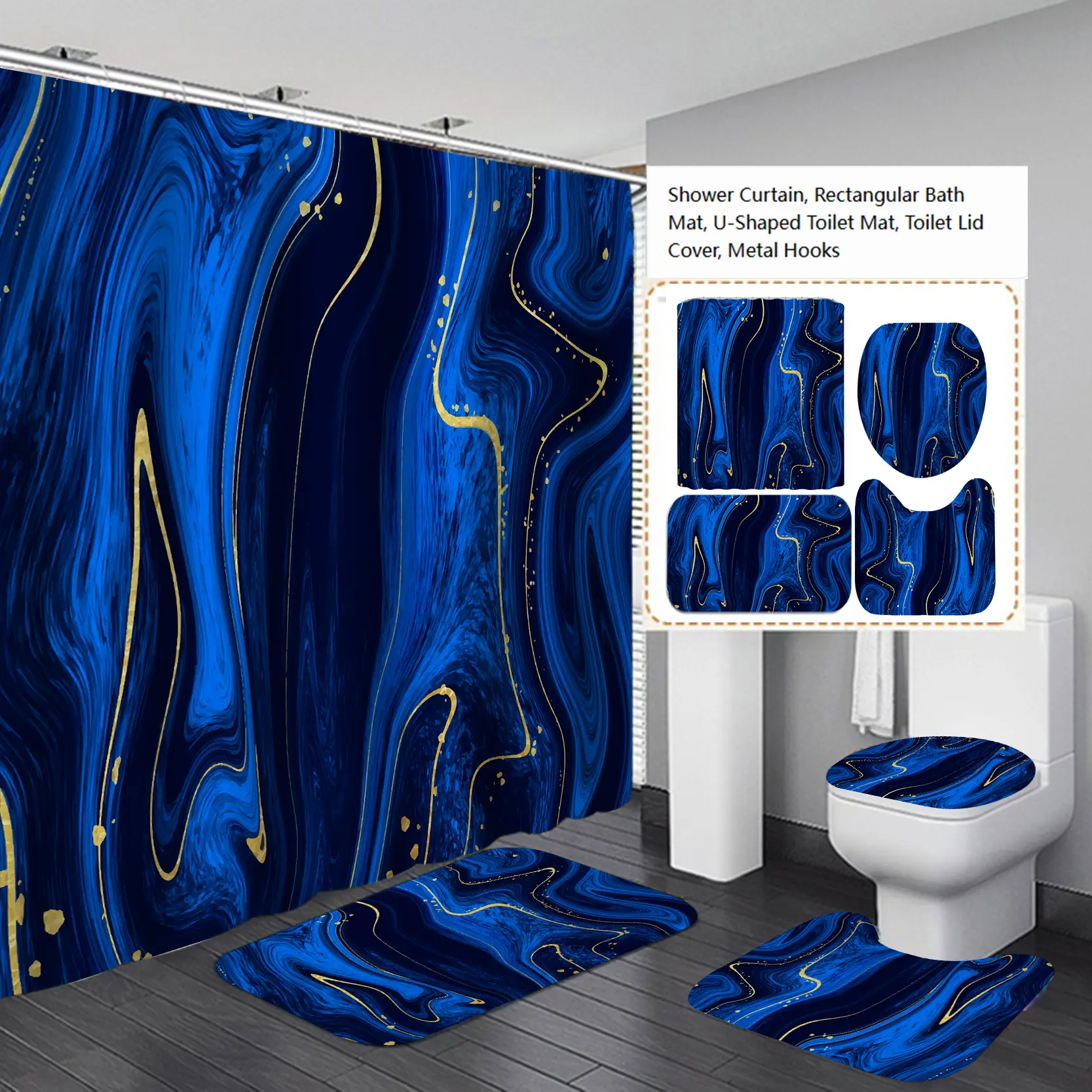 Household 4-Piece Standard Fabric Shower Stall Curtain Set - Dark Blue Gold Abstract Agate Marble Fluid Design, Waterproof Bathroom Curtains for Bath Privacy, Non-Slip Water-Absorbent Bath Mat, Metal Hanging Hooks, Luxury Modern Decor