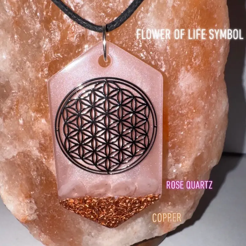 Flower of life Copper and Rose Quartz Orgonite Healing EMF Protection Necklace with Copper Sacred Geometry Symbol and Rose Quartz. Orgone Grounding pendant.