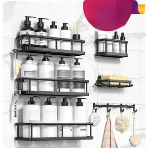 Shower Caddy, 5 Pack Black bathroom accessories, wall organizer, No Drill Bathroom Shower Organizers With Removable Hooks, Rust Proof Shower Shelves For Inside Shower, free wall mountshower organizer