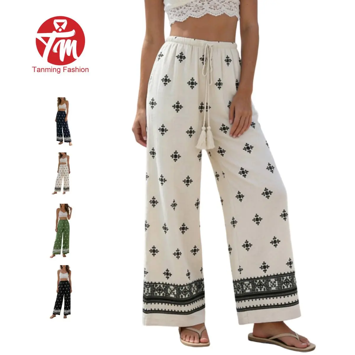 Tanming Women's Bohemian Pants, High-Waist Baggy Linen Blend with Geometric Print and Tassels for Holiday, Lightweight