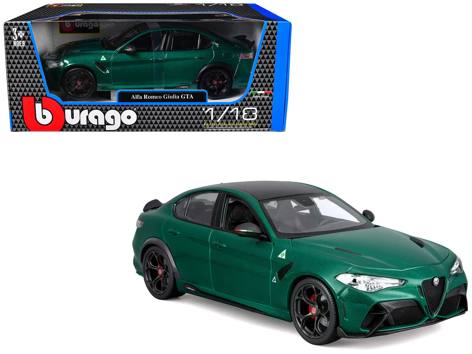 Alfa Romeo Giulia GTA Green Metallic with Carbon Top 1/18 Die Cast Model Car by Bburago