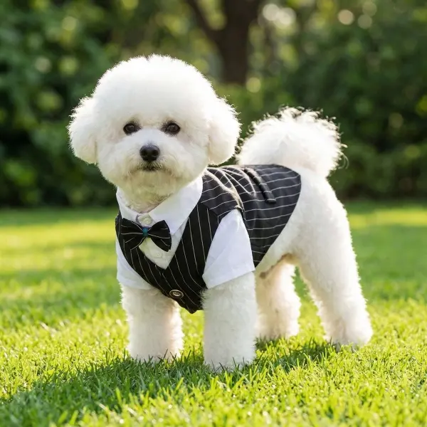 Small Breeds Sleeveless Dog Formal Pinstripes Tuxedo Suit with Bow Tie - All Seasons Pet Gentleman Costume, Instant Groom Look for Weddings, Classic Tuxedo Theme Elevates Photos for Animals Special Occasions Outfit