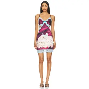 Nodress Lace Trim Birthday Cake Print Mini Dress in Blue & Red