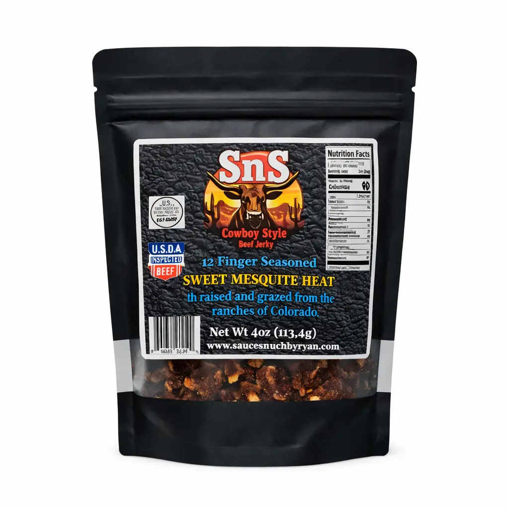 The Boss's fresh beef jerky  12 Finger/mesquite blend Snack, spicy, smokey, mesquite, sweet Dry Dried