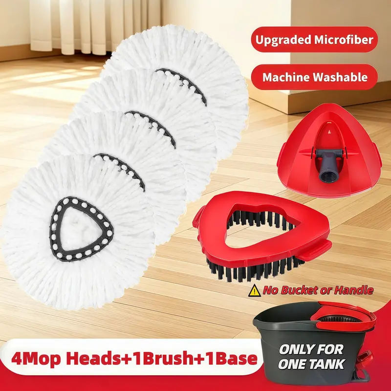 Triangular O-Ceda Mop Replacement Heads, 4-Pack Snap-Fit for EasyWrin Spin Mops, Smooth Soft Fibers Protect Floors, Water Absorbent, Removable Washable, Easy Install, Reusable for Wooden Floors, Windows summerwins