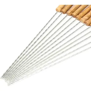12 PCS Skewers for Grilling, Kabob Skewers with Wood Handle, Reusable BBQ Barbecue Sticks for Marshmallow, Hot Dog, Meat, Vegetable, Camping Cookware Grill Cooking, 11.7" (Including Handle)
