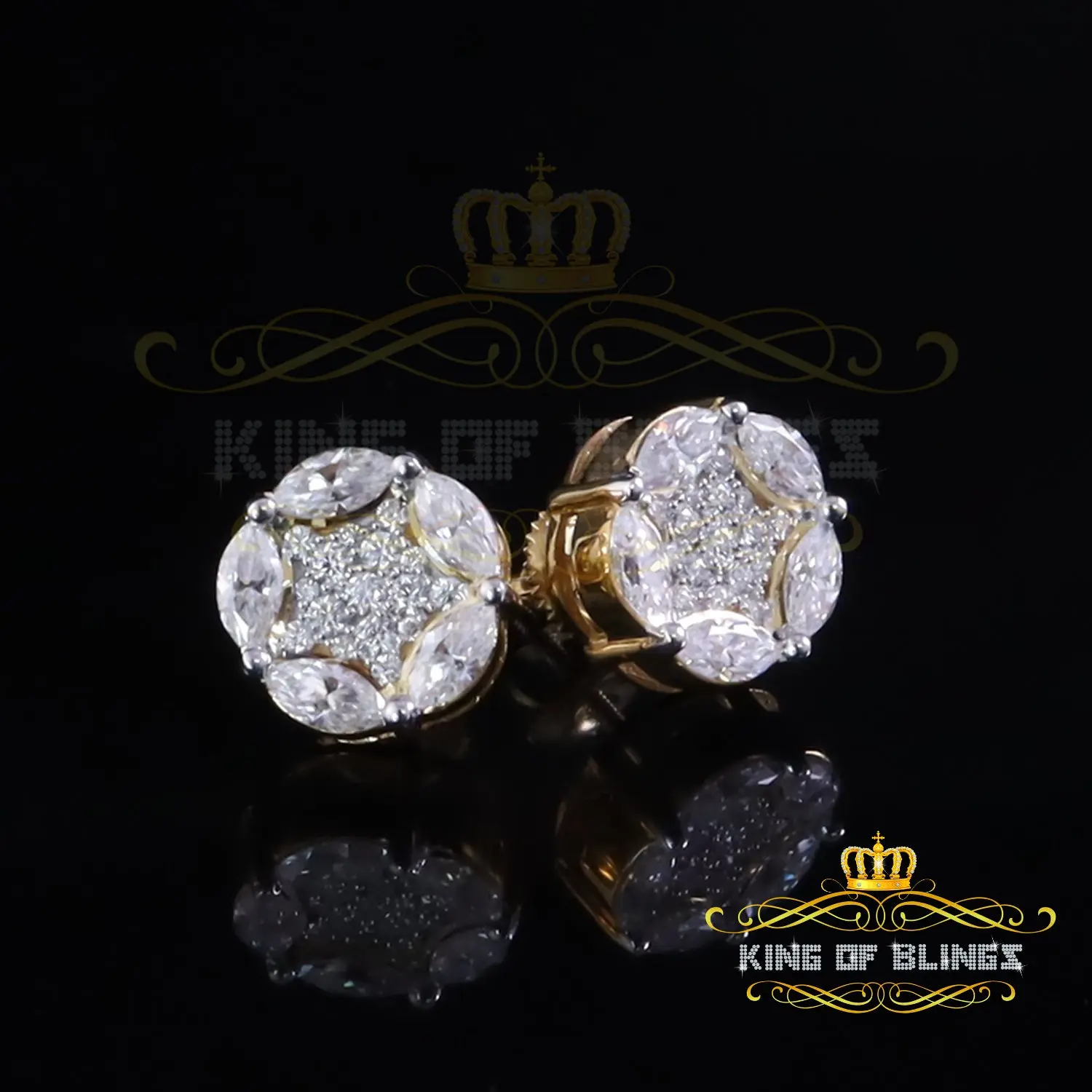 King  of Bling's 925 Sterling Silver Yellow Marquise Women Round Stud Earrings 3.00ct moissanite