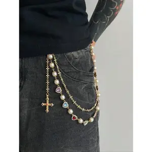 ChicBloom B Vintage Colorful Rhinestone Cross Pants Chain, Men's Hip Hop Body Chain for Pants Decoration, Unique Fashion Accessory Vintage Body Jewelry