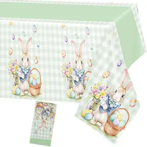 3 Pcs Spring Easter Party Ambiance Tablecloth - Green Plaid with Egg & Bunny Print, Disposable Plastic, Easily Create a Fresh & Joyful Holiday Table