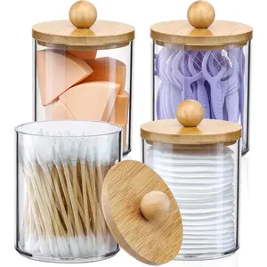 4 Pack Qtip Holder Dispenser with  Lids - 10 oz Clear Plastic  Jar Containers for Vanity Makeup Organizer Storage - Bathroom Accessories Set for Cotton Swab, Ball, Pads, Floss