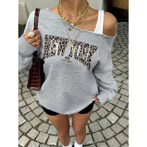 Women's warm gray off shoulder sports shirt, leopard print retro city street wear, suitable for daily leisure outingsRAIMENTRY