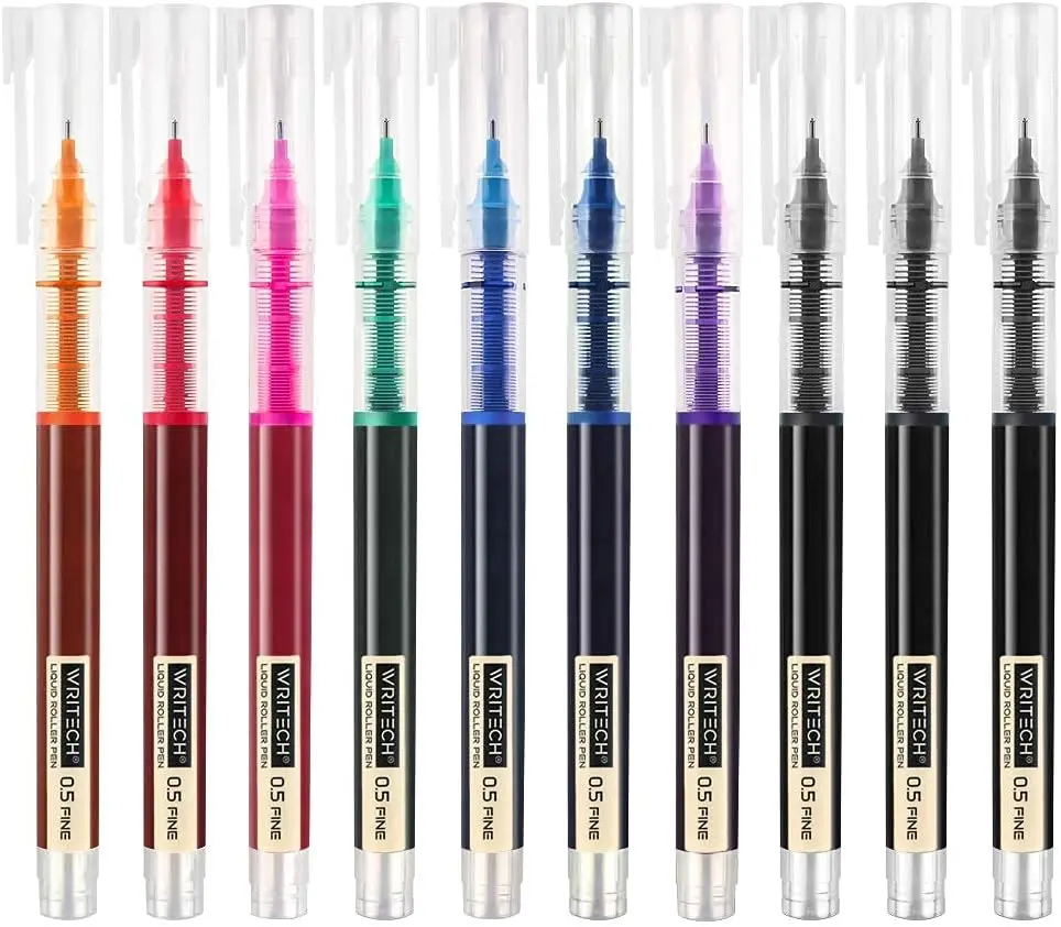 Rolling Ball Pens Quick Dry Ink 0.5 mm Extra Fine Point Pens 10 Pcs Liquid Ink Pen Rollerball Pens Multicolor Ink (Multicolor)