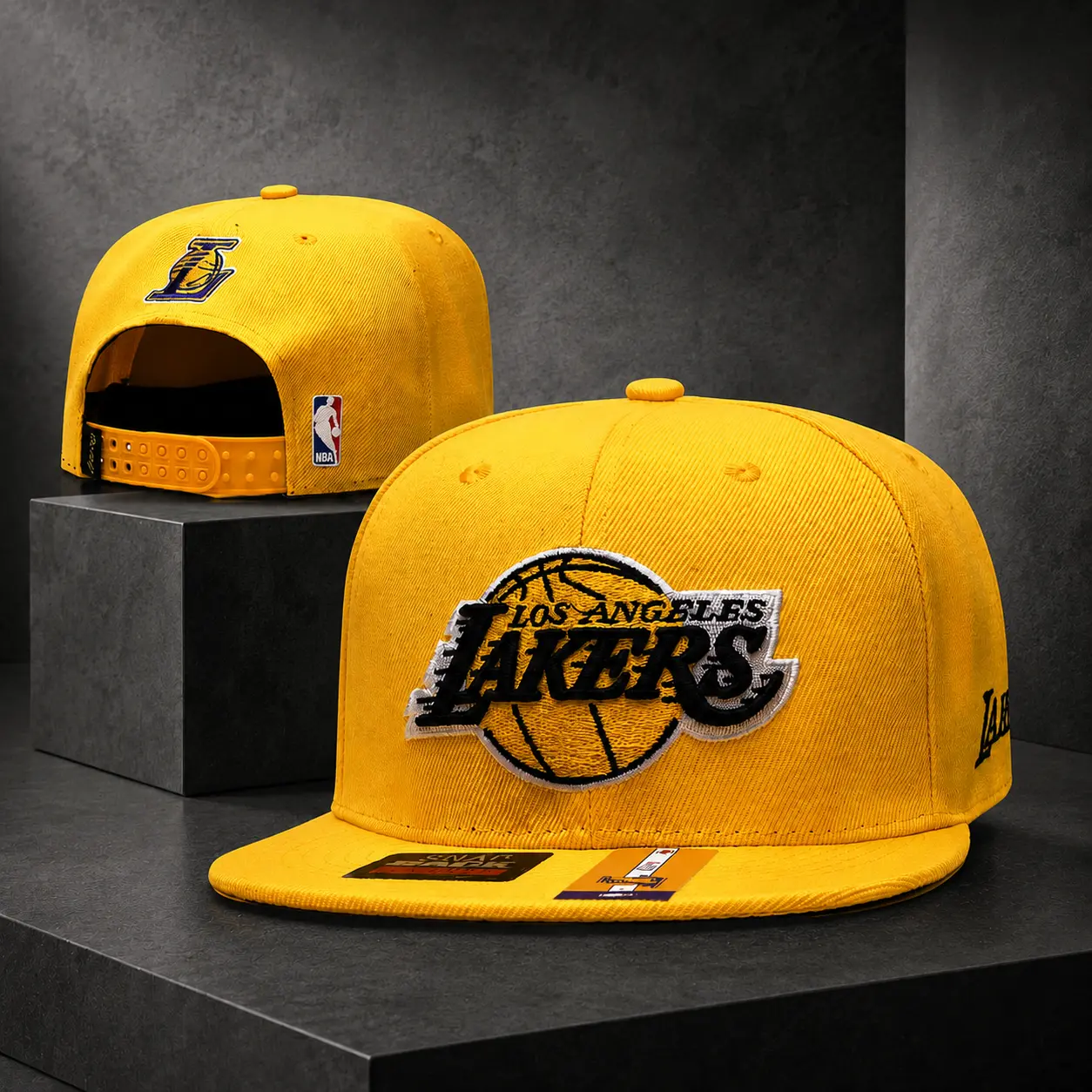 Los Angeles Yellow Gold Snapback Hat Dark Slate Block Display | Flat Brim Embroidered Baseball Cap | NBA Fan Gear Y2K Hip Hop Streetwear
