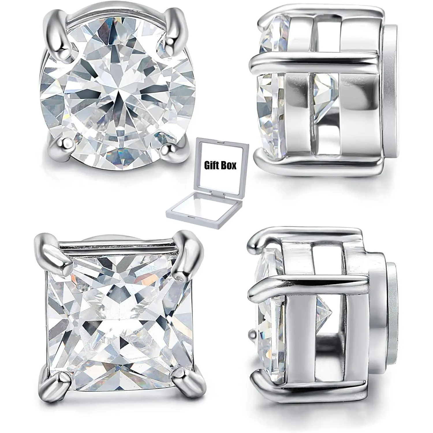 Dainty CZ Magnetic Stud Earrings, 2-Pair Stainless Steel Non-Piercing Jewelry Set for Men and Women, Hypoallergenic, 5-8mm, Earrings Jewelry, Cz Dainty Earrings