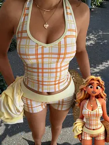2026 New Summer Plaid Halter Neck Two Piece Swimsuit for Women Sporty Beige Color Block Swimwear with High-Waisted Boy Shorts Ideal for Water Parks and Beach Volleyball,summervibes outdoorfun