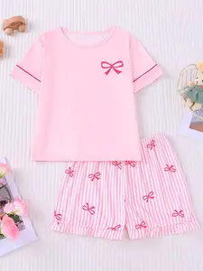 Striped Bow Print Sleepwear Set, Summer Fire Retardant New Girl Toddler Pajamas, Cute Short Sleeve Shorts Home Wear