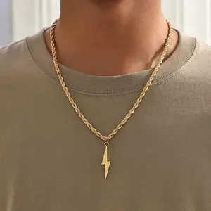 Rope Chain Necklace with Lightning Bolt Pendant – Trendy Bold Statement Jewelry