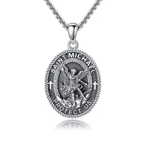 YFN Saint Michael Necklace 925 Sterling Silver St.Michael Oval Medal Archangel Pendants Necklace Jewelry Gift for Women Men