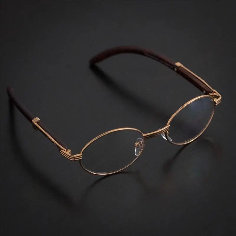18k Gold Frame Men's Hip Hop Oval Shape Clear Lens Wood Grain Retro Eye Glasses
