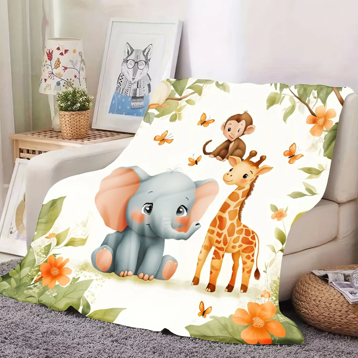 Safari Animal Flannel Blanket Soft Bedspread With Elephant Monkey And Giraffe Print Gentle Jungle Theme Throw Blanket Cozy Lightweight Winter Blanket For Sofa Bed Couch Bedroom Nursery Room All Season Bedding