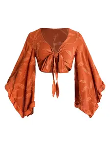 Women's Bohemian Flare Sleeve Tie Front Crop Blouse, Orange Leaf Textured V-Neck Top For Summer Casual & Party Outfits