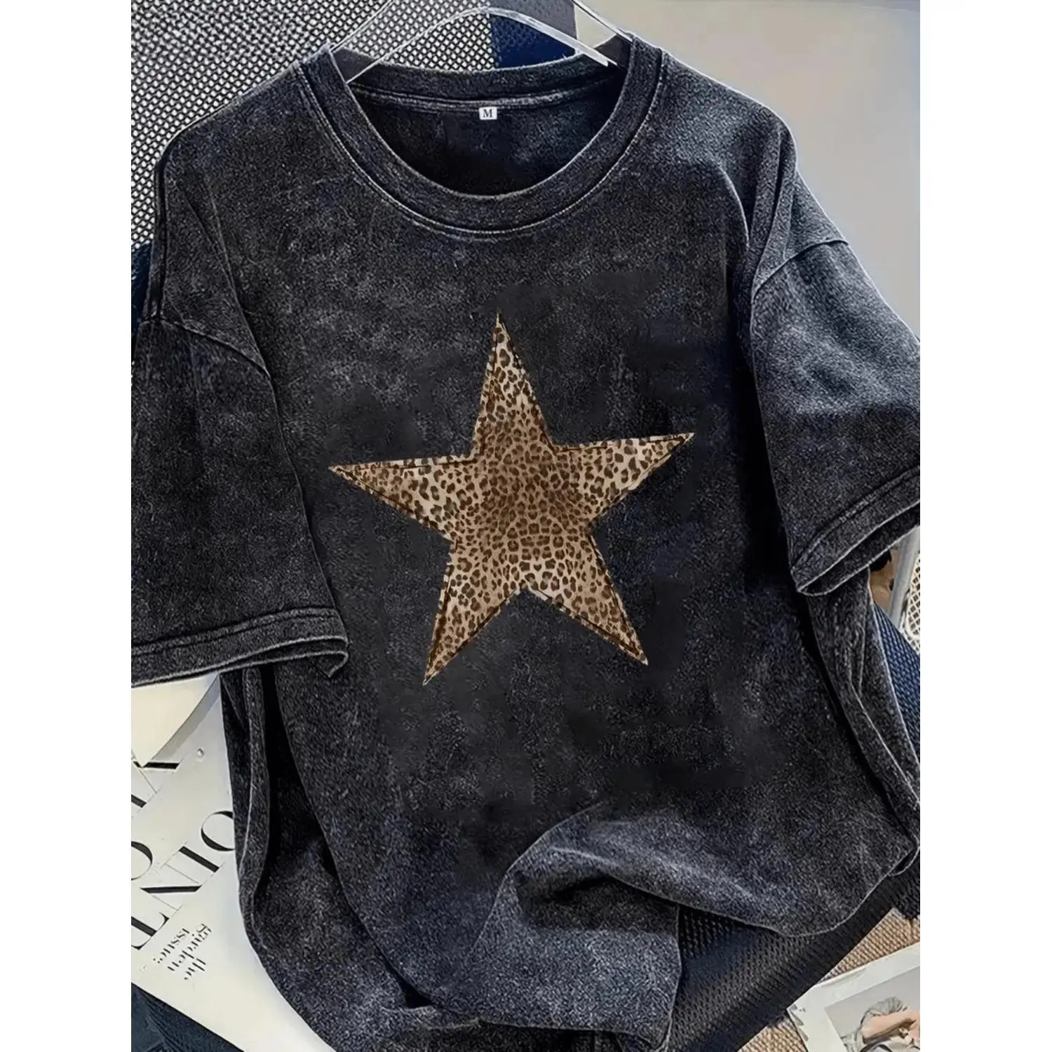 Women's 230g Heavyweight Vintage Oversized Shortsleeve Tshirt - Black & Golden Star/Leopard Print, Gray Loose Fit Round Neck Soft Washed Casual Clothes, Spring-Summer Wear, Machine Washable Layering Piece, Black Star Design Women's T-shirts, Lady