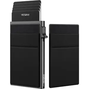 YESIIW Ultra-Slim Wallet for Men - Pop up Card Holder Mens Wallet with RFID Protection Minimalist Metal Wallets Billeteras De Hombres Gifts for Men Dad Husband Boyfriend Black YESIIW