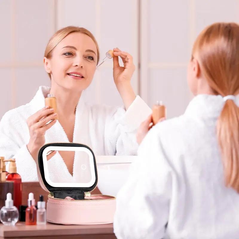 Palm-Sized Portable Makeup Bag with Detachable Mirror, Touch-Control 3-LED Light, Rechargeable Travel & Everyday Cosmetic Organizer for Lipstick & Perfume – Valentine’s & Mother’s Day Gift