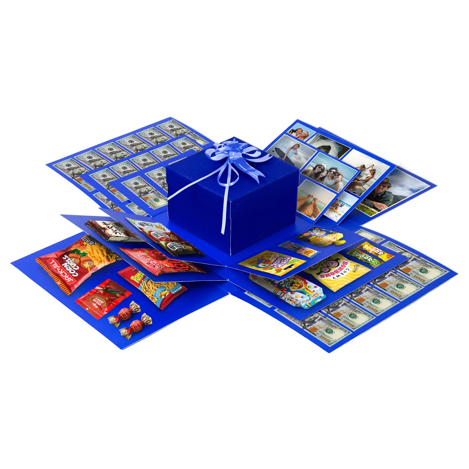 4 Layers Glitter Blue Explosion Gift Box Unisex Perfect for Christmas Valentine's or Birthday Stuff with Cash & Treats for a Memorable Surprise