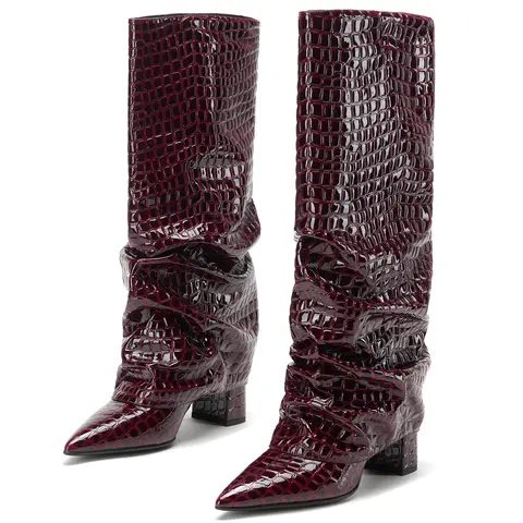 Women Fold Over Knee High Boots Pointed Toe Block Heel Side Zipper Flexible Pull On Shark Boots for Party Dressy Occasions