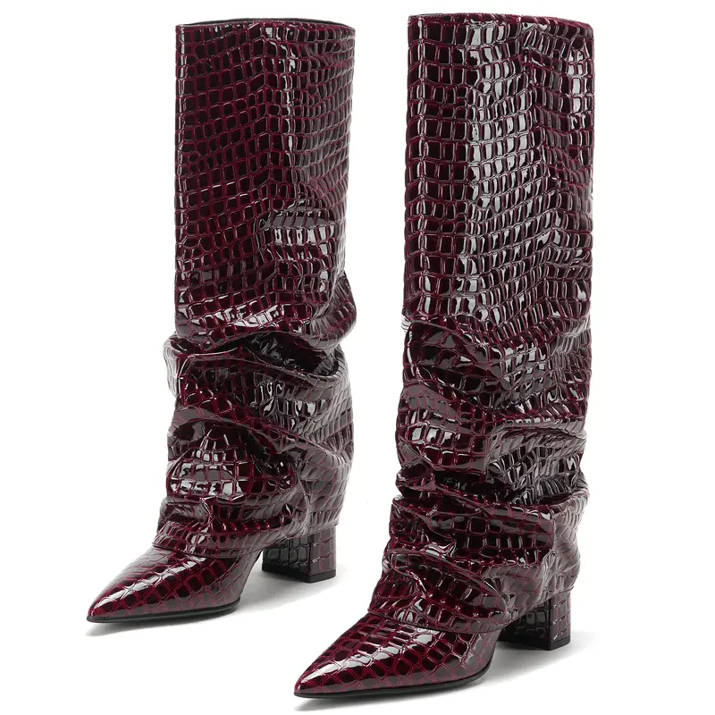 Women Fold Over Knee High Boots Pointed Toe Block Heel Side Zipper Flexible Pull On Shark Boots for Party Dressy Occasions