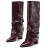 Women Fold Over Knee High Boots Pointed Toe Block Heel Side Zipper Flexible Pull On Shark Boots for Party Dressy Occasions