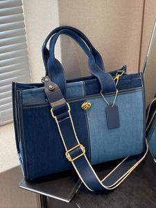 fashionable colorful contrast stitching denim design tote bag, everyday bags, contrast color stitching crossbody bag, large capacity shoulder bag for women, trendy all-match bag for daily use, maximized capacity, handbag for women, sling purse