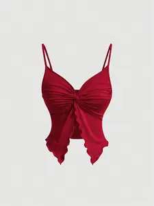 Women's Solid Color Chic Twist Front Ruffle Cami Top, Casual Adjustable Spaghetti Strap Fit Top for Summer, Women's Clothing for Daily Wear, Womenswear