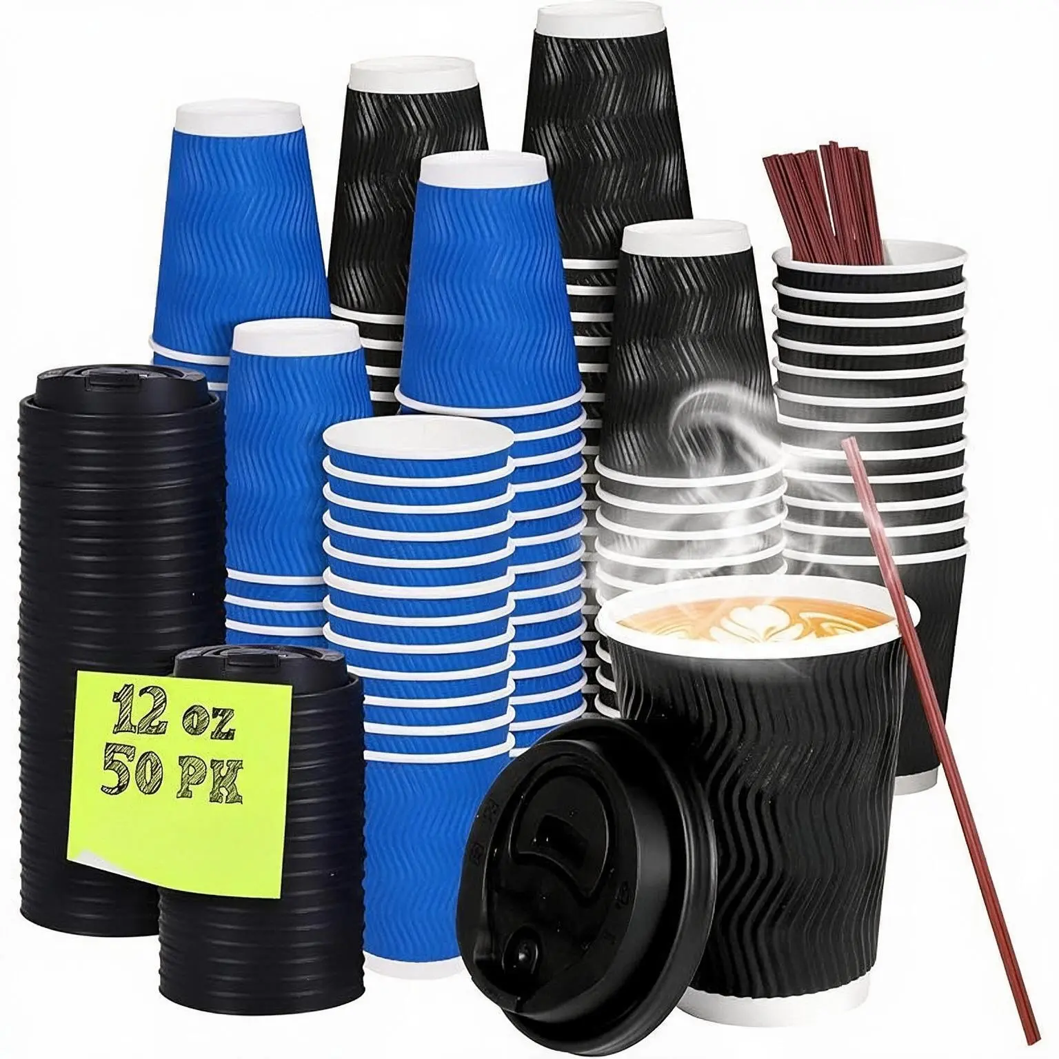 50-Pack of 12 oz Disposable Paper Cups with Lids, Stirring Straws, Insulated Corrugated Wall for Hot & Cold Drinks
